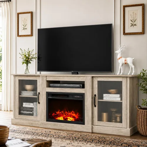 Miniatura 15 de WLIVE Soporte de TV con chimenea para TV de 65 pulgadas, centro de entretenimiento con chimenea eléctrica de llama realista 3D, consola de TV