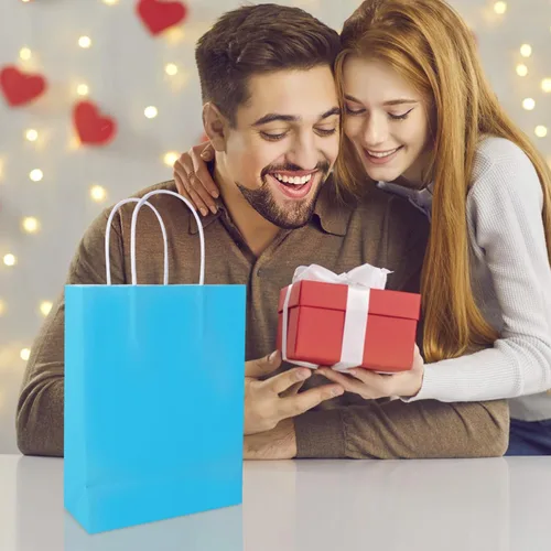 Miniatura 5 de YADIAN 12 bolsas de regalo de papel kraft con asa, bolsas de regalo azules de tamaño pequeño para Halloween, Navidad, cumpleaños, bodas