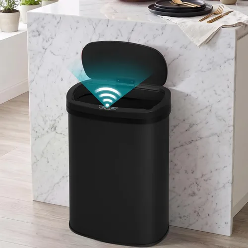 BLKMTY Basurero de cocina de 13 galones, cubo de basura de acero inoxidable de 50 L, cubo de basura automático alto con sensor de movimiento sin