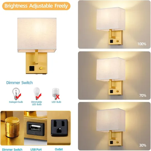 Miniatura 2 de Aplique de pared enchufable, lámpara de pared de cabecera con enchufe y interruptor regulable, con puerto de carga USB y toma de corriente, adecuado