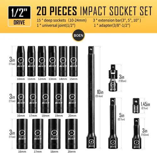 Miniatura 3 de BOEN Juego de llaves métricas de impacto profundo de 1/2 pulgada, juego de 20 piezas de acero Cr-V de 0.394 a 0.994 pulgadas, incluye barras