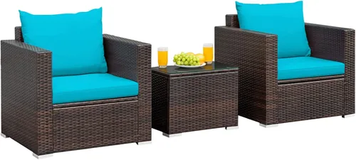 Miniatura 11 de RELAX4LIFE Juego de sofá de mimbre de 3 piezas, juego de sofá de ratán para patio al aire libre con cojines lavables y mesa de centro de vidrio Azul