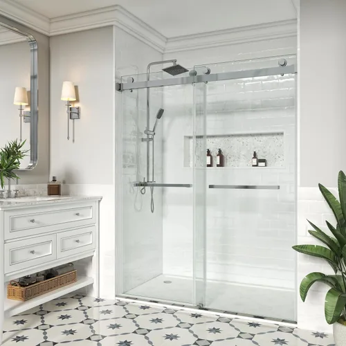 Miniatura 12 de Puerta de ducha ajustable de 56"-60" (ancho) x 76" (alto), puerta de ducha sin marco, puerta de ducha de doble corredera, puerta de ducha con diseño