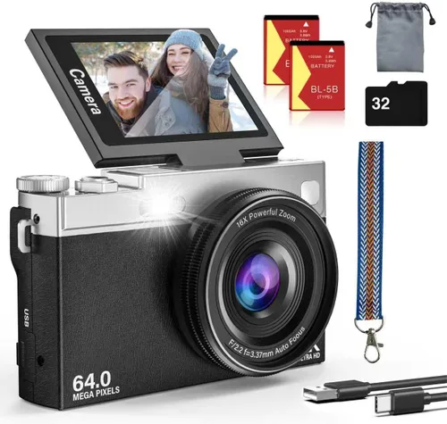Nueva cámara digital 4K para fotografía y vlogging, cámaras de viaje con pantalla abatible de 180° de 64MP y 2.88 pulgadas con zoom de 16X, tarjeta