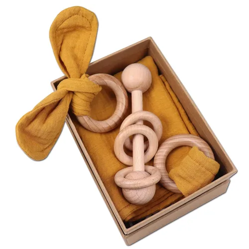 Miniatura 9 de Baby Lovey, sonajero de madera, anillo de mordedor, paquete de 3 unidades, regalo Montessori, azul marino, algodón, gasa doble, baby shower, regalo