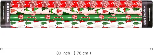 Miniatura 6 de WRAPAHOLIC Rollo de papel de regalo de Navidad de 30 pulgadas - Rollo jumbo rojo, verde y rosa de gnomo de Navidad y elfo festivo, colección de 4