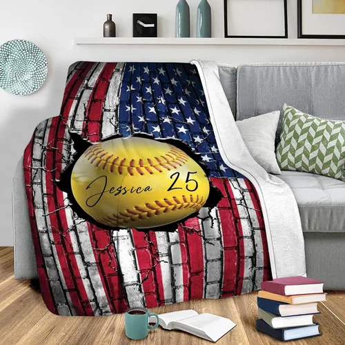 Miniatura 4 de Manta de sóftbol personalizada, manta de bandera de EE. UU., manta de forro polar Sherpa suave y acogedora, manta de sóftbol para mamá, hija, niño