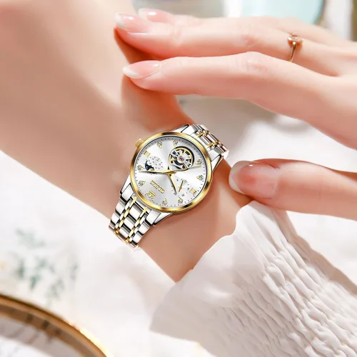 Miniatura 3 de OLEVS Reloj de mujer con esqueleto hueco y fase lunar de acero inoxidable, impermeable, dos tonos
