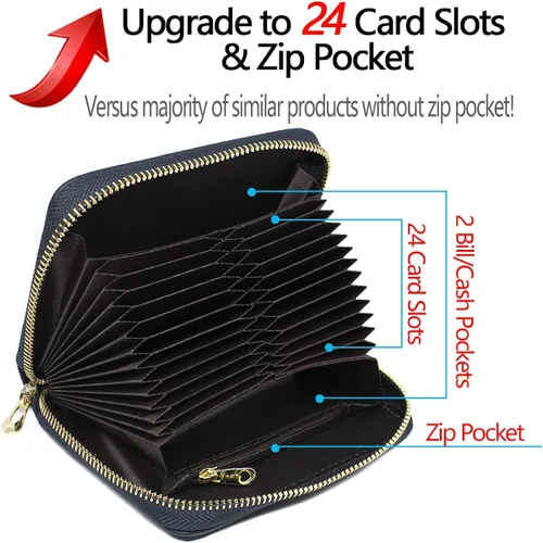 Miniatura 3 de imeetu Tarjetero RFID de cuero con cremallera, 24 ranuras para tarjetas para mujeres, M