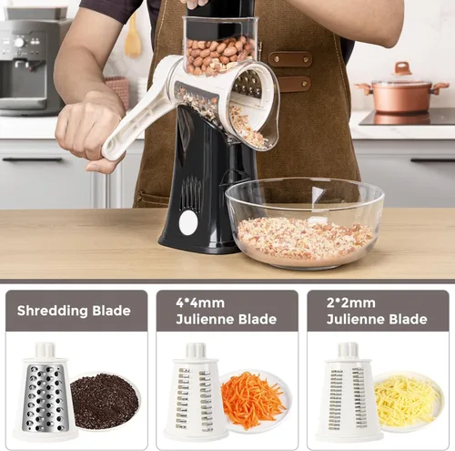 Miniatura 3 de X Home Rallador de queso giratorio para cocina, triturador con 3 cuchillas intercambiables, rallador giratorio con mango y base de succión fuerte