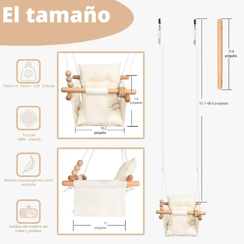 Miniatura 2 de Columpio para Bebé Interior y Exterior Asiento de Columpio para Niños Pequeños con Cinturón de Seguridad, Columpios Colgantes de Lona Exterior Crema