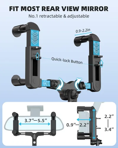 Miniatura 5 de Soporte para teléfono con espejo retrovisor, soporte para teléfono de automóvil mejorado de 4 garras, giratorio de 360° y retráctil, soporte