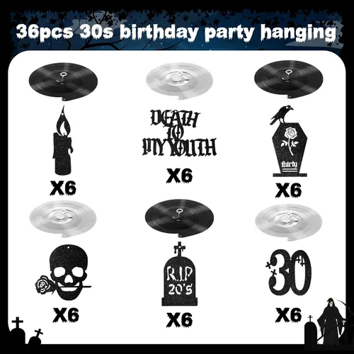 Miniatura 4 de Fuutreo 36 decoraciones de Death to My 20 para cumpleaños de 30 años, diseño de remolinos colgantes de treinta cumpleaños, decoración gótica