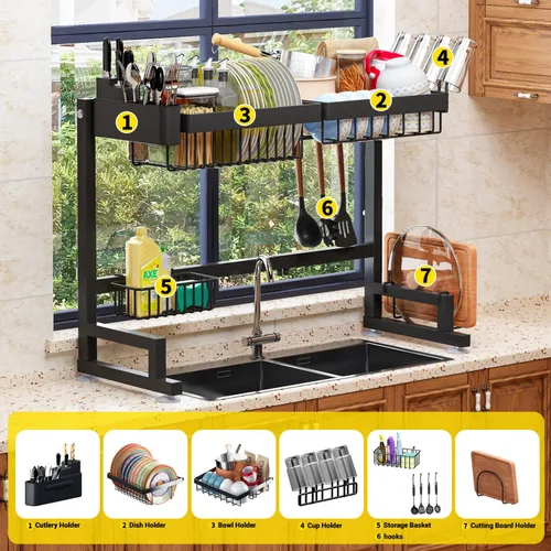 Miniatura 8 de ilvvan Escurridor de Platos Sobre el Fregadero (Altura/Longitud Expandible) Diseño de Enganche Gran Escurridor de Platos Organizador de Mostrador