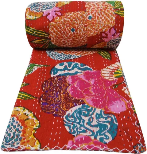 Miniatura 15 de Sophia-Art Colcha reversible de frutas indias para cama individual/king con patrón Gudri de algodón puro estilo Kantha, colcha decorativa con Rosa
