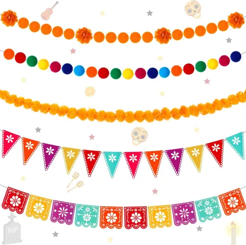 Preboun 5 piezas de decoración de fiesta del Día de los Muertos, guirnalda de flores de caléndula de papel, pancarta de Picado, pancarta de fiesta