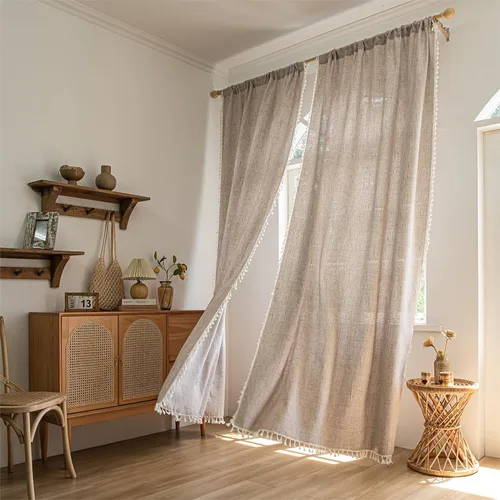Miniatura 9 de Setaback - Cortinas bohemias de lino para sala de estar, 84 pulgadas de largo, 2 paneles con borlas, estilo campestre bohemio, bolsillo para Gris