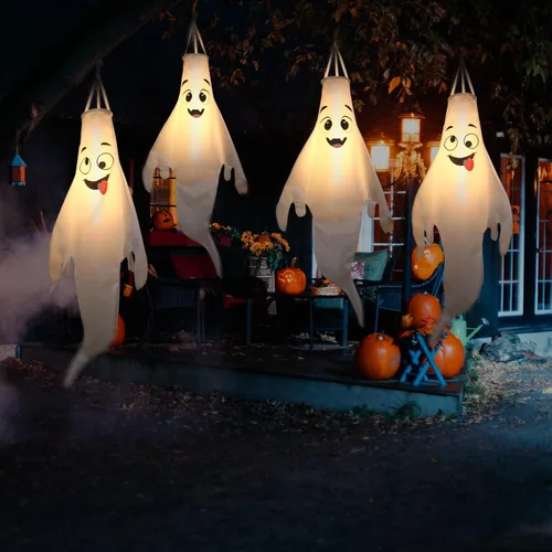 Miniatura 7 de Decoraciones de Halloween, para colgar al aire libre, calcetines de viento fantasma para árboles con temporizador, fantasmas LED para colgar