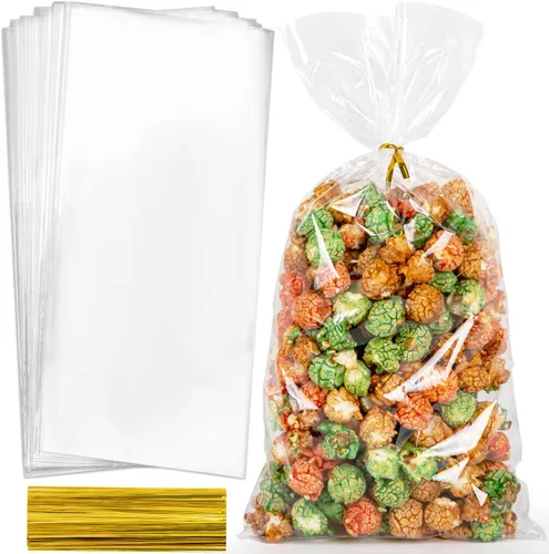 Labeol 160 bolsas de celofán transparente de 7 x 14 pulgadas con lazos, bolsa de regalo transparente para embalaje, palomitas de maíz, recuerdo de