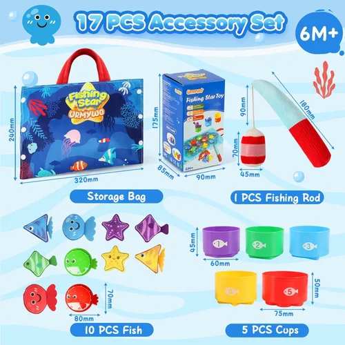 Miniatura 7 de Juguetes Montessori para niños de 1 año – Juego de pesca de tela para niños pequeños 17 en 1 con vasos apilables clasificación de colores, juguete