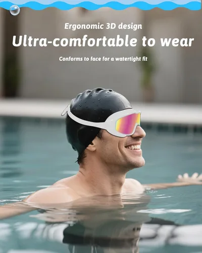 Miniatura 7 de Gafas de natación antivaho anti UV, visión amplia y sin fugas, gafas de natación y gorro de natación para hombres, mujeres, adultos y jóvenes Blanco