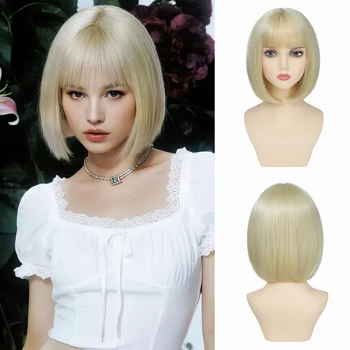 Miniatura 20 de Peluca Bob Marrón Ceniza con Flequillo, Peluca Corta y Lisa para Mujeres y Niñas, 12 Pulgadas, Resistente al Calor, Peluca de Cabello Bob Sintético