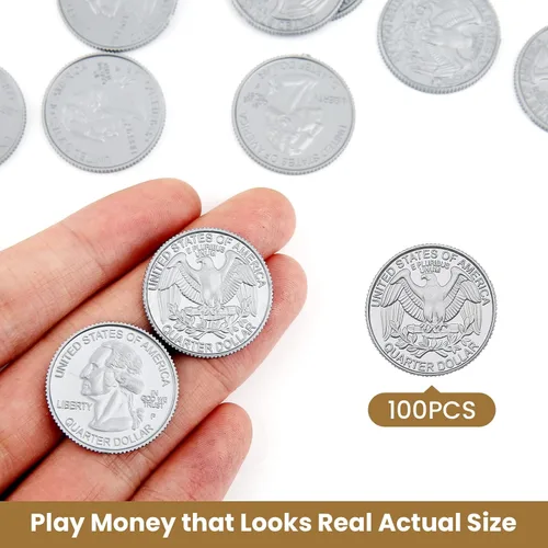 Miniatura 2 de 100 monedas falsas para el aprendizaje de los niños, monedas de juego de plástico de 100 cuartos para enseñar para niños, tienda