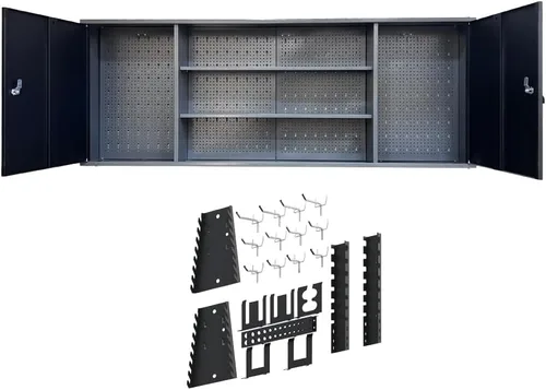 Miniatura 11 de JZD Gabinete de almacenamiento montado en la pared de acero, gabinetes de herramientas colgantes de metal, para taller de garaje, negro y gris