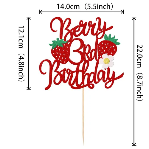 Miniatura 2 de 1 pieza de decoración para pastel de tercer cumpleaños con temática de fresa, flor brillante con temática de frutas dulces, decoración de pastel