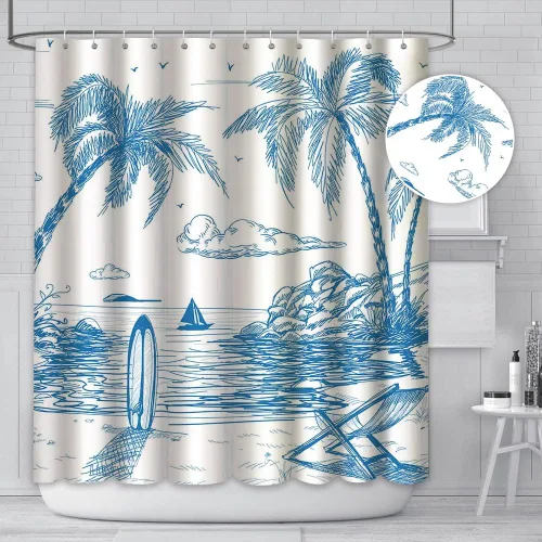 Miniatura 5 de MEHOFOND Cortina de ducha de surf, tabla de surf retro, diseño de palmeras tropicales, sala de estar, silla de verano para playa, tela de poliéster