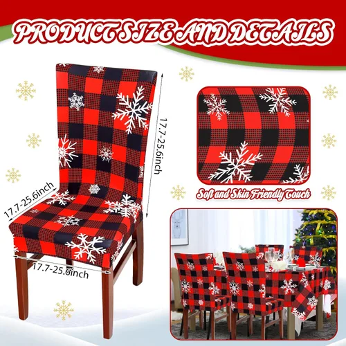 Miniatura 3 de Preboun Juego de 7 manteles de Navidad para silla, fundas para sillas de Navidad, decoración rectangular a cuadros con copos de nieve, a prueba