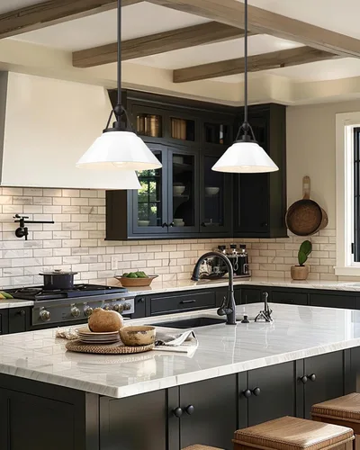 Miniatura 6 de HWH - Lámpara colgante blanca, moderna lámpara de isla de cocina de 12 pulgadas, iluminación colgante de 1 luz para comedor, escuela, metal negro