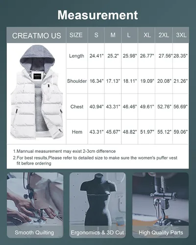 Miniatura 7 de CREATMO US Chaleco cálido para mujer, chaleco grueso acolchado sin mangas con capucha desmontable