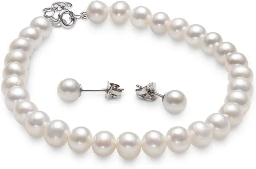 Miniatura 5 de Conjunto de perlas cultivadas de agua dulce para mujer con collar, pulsera y aretes, Perla, Perla