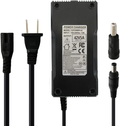 Cargador de batería de 42V 5A para batería de iones de litio de 36V con enchufe DC 0.217 x 0.098 in/0.217 x 0.083 in