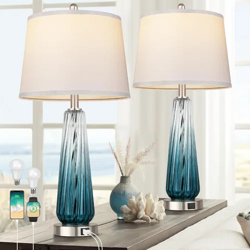 Miniatura 9 de Lámparas de mesa de vidrio para sala de estar, lámparas de noche modernas con puertos USB A+C, lámpara de mesita de noche de control táctil