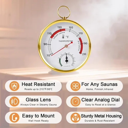 Miniatura 7 de Termómetro de sauna 2 en 1 Fahrenheit e higrómetro, acero inoxidable redondo doble temperatura y humedad 68-212°F/0-100% RH, medidor digital