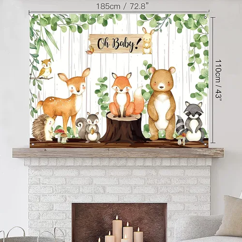 Miniatura 7 de Pancarta de fondo de baby shower de bosque, decoraciones de baby shower para niños y niñas, tela grande, temática de animales de selva, suministros