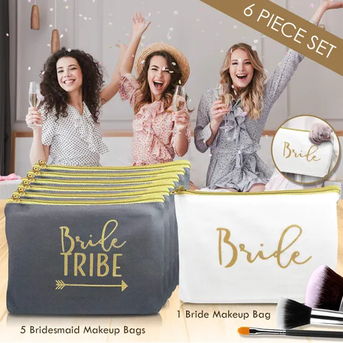 Miniatura 5 de Bolsas de lona para maquillaje, regalo de damas de honor, para despedida de soltera (juego de 6 piezas)