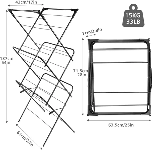 Miniatura 2 de Tendedero plegable para ropa Escurridor portátil plegable para ropa Uso para interiores y exteriores Ahorro de espacio Negro 54 x 24 x 17
