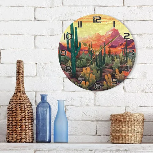 Miniatura 7 de Kigai Reloj de pared de cactus del desierto, silencioso sin tictac, funciona con pilas, reloj redondo para cocina, oficina, escuela, hogar decorativo