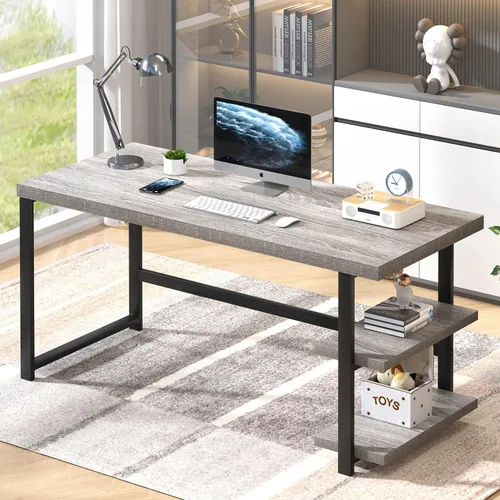 Miniatura 14 de FOLUBAN Escritorio para computadora de 47 pulgadas, escritorio pequeño para el hogar y oficina con estantes de almacenamiento, mesa de estudio, Nogal