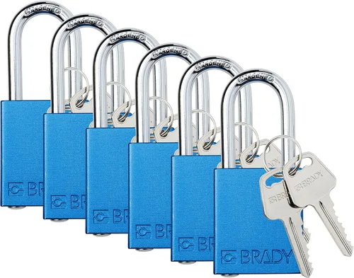 Brady SDAL-BLU-38ST-KA6 - Juego de candados de bloqueo de seguridad, paquete de 6, color azul, con igual llave, 2 llaves por candado