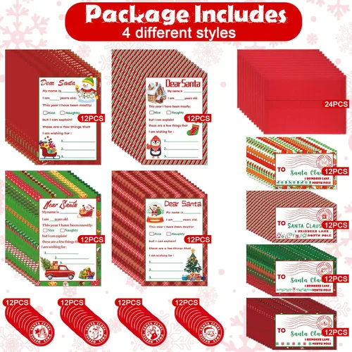Miniatura 4 de Cholemy 192 piezas de 48 juegos oficiales de cartas a Papá Noel, incluye tarjetas de Navidad con sobres a juego, sellos, calcomanías de 5 x 7 letras