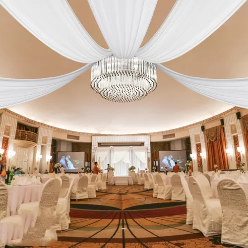 Miniatura 10 de DYRABREST Cortinas de techo de gasa para bodas, 6 paneles de 5 x 20 pies de largo, tela traslúcida de gasa beige para salas de recepción