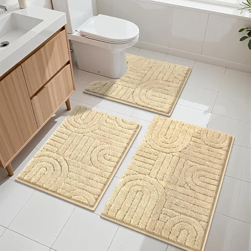 Vaukki Juego de alfombras de baño de 3 piezas, color beige, lavables, antideslizantes, suaves, para ducha y bañera, alfombra de microfibra