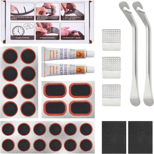 Zacro Bike Tire Repair Kit, Bike Tube Patch Kit with Stainless Steel Tire Levers, 24 PCS Bike Tube Patches,Metal Rasp, Bike Patch Kit for Mountain