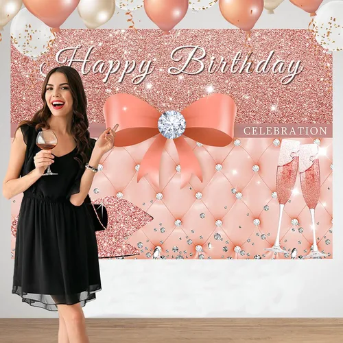 Miniatura 4 de Sensfun Cartel de fondo de feliz cumpleaños de oro rosa para mujer, decoraciones de fiesta de cumpleaños con purpurina, tacones rosados con lazo