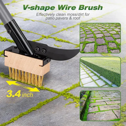 Miniatura 4 de Walensee Cepillo 3 en 1 para eliminar grietas y musgo con mango ajustable de 66.5 pulgadas, extractor de malezas con 2 cabezales de cepillo