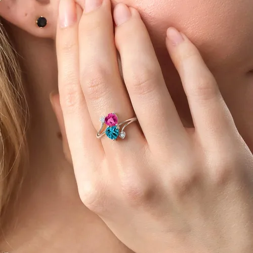 Miniatura 3 de Gem Stone King Anillo para mujer con forma de corazón de zafiro y topacio azul de Londres de oro blanco de 10 quilates